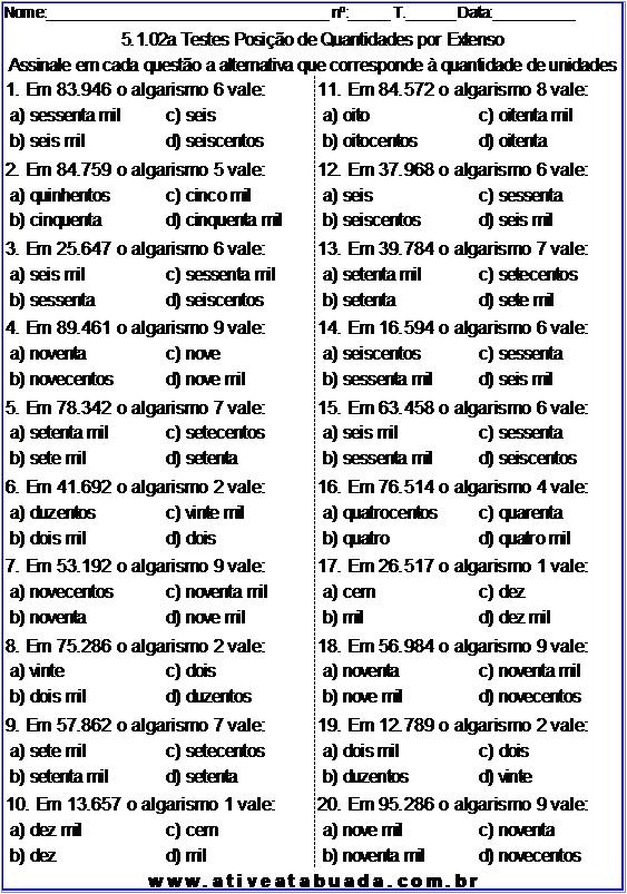 Atividade 5.1.02a Testes Posição de Quantidades por Extenso