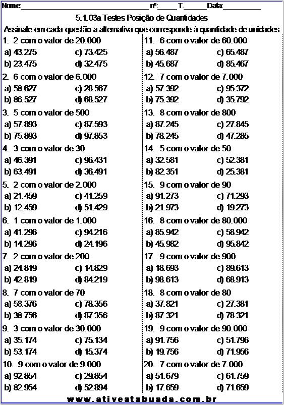 QUIZ DE MATEMÁTICA 4° ANO - Valor Posicional dos Algarismos 