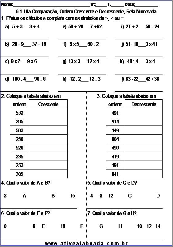 Atividade 6.1.10a Comparação, Ordem Crescente e Decrescente, Reta Numerada