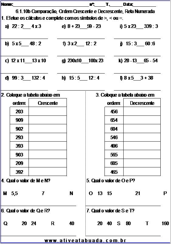 Atividade 6.1.10b Comparação, Ordem Crescente e Decrescente, Reta Numerada