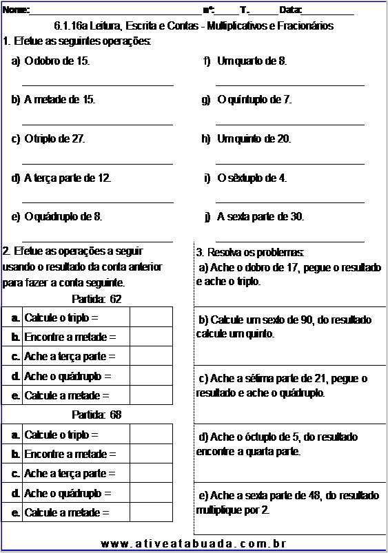 Atividade 6.1.16a Leitura, Escrita e Contas - Multiplicativos e Fracionários