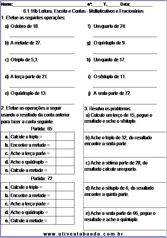 Atividade 6.1.16b Leitura, Escrita e Contas - Multiplicativos e Fracionários