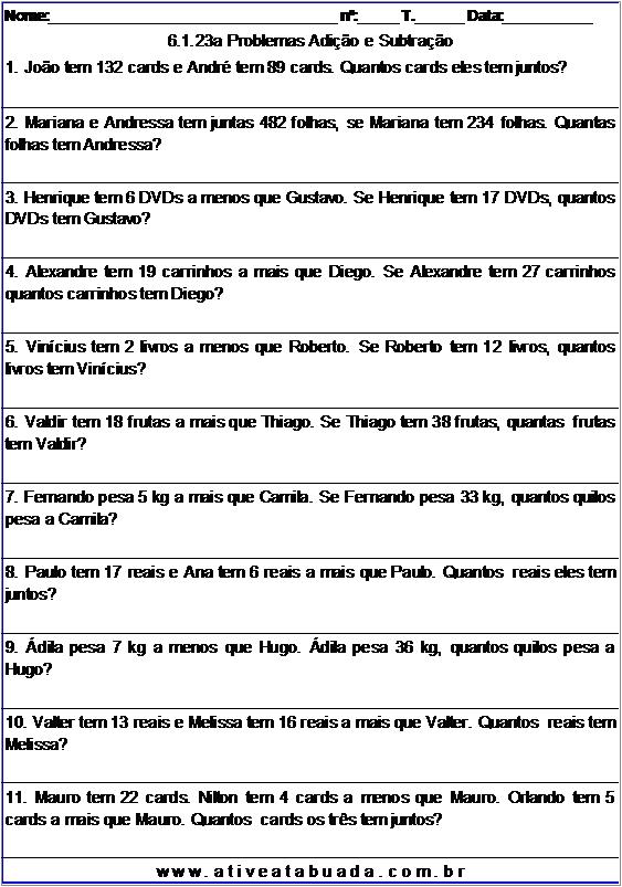 Atividade 6.1.23a Problemas Adição e Subtração