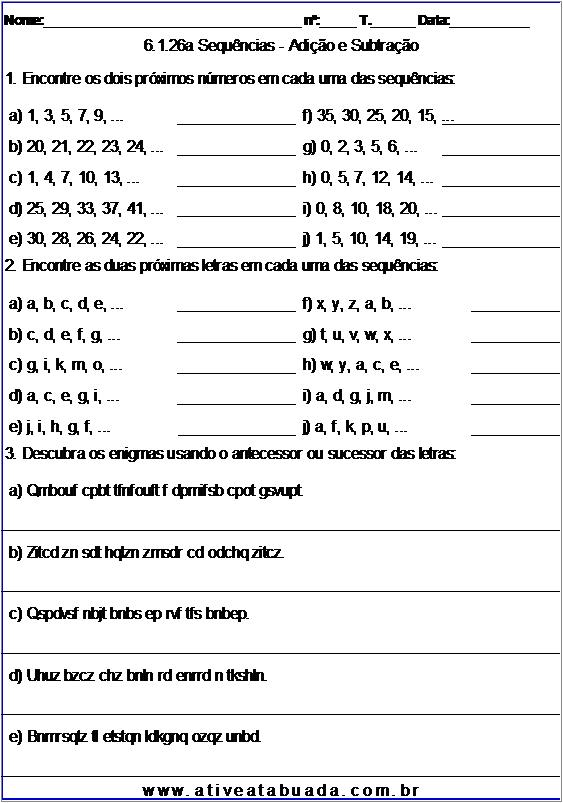 Atividade 6.1.26a Sequências - Adição e Subtração