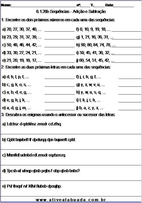 Atividade 6.1.26b Sequências - Adição e Subtração