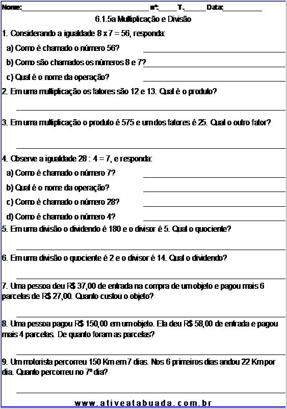 QUIZ DE MATEMÁTICA 6° ANO - Divisão de Números Naturais 