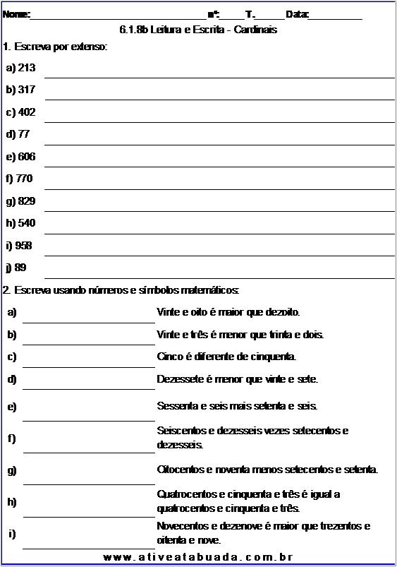 Atividade 6.1.8b Leitura e Escrita - Cardinais