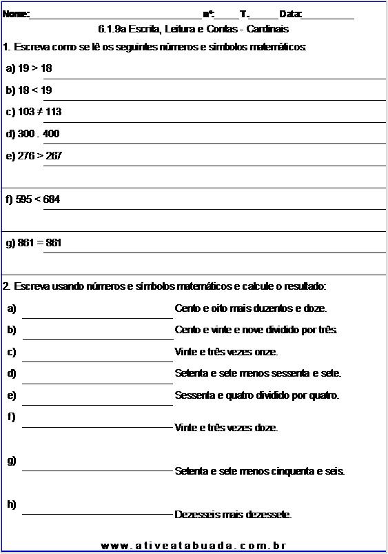 Atividade 6.1.9a Escrita, Leitura e Contas - Cardinais