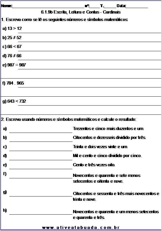 Atividade 6.1.9b Escrita, Leitura e Contas - Cardinais