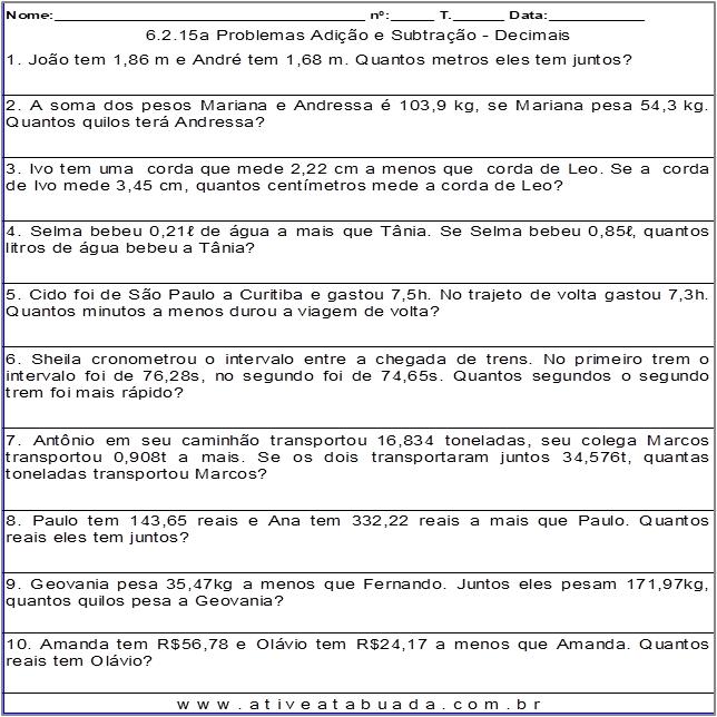 Atividade 6.2.15a Problemas Adição e Subtração - Decimais