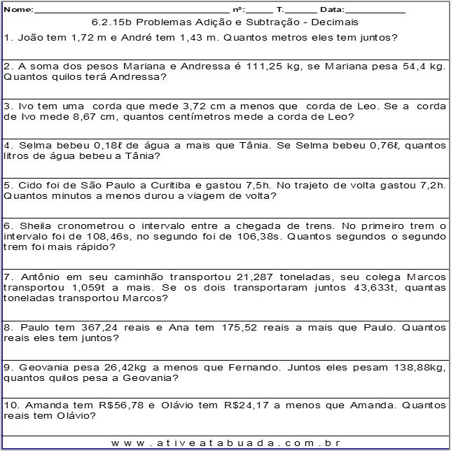 Atividade 6.2.15b Problemas Adição e Subtração - Decimais