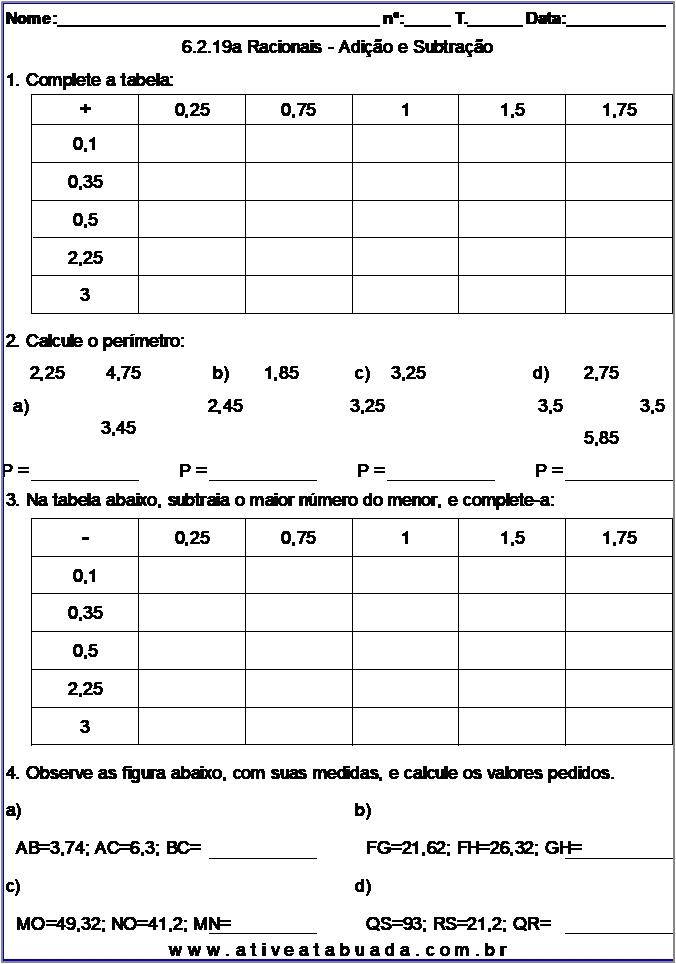 Atividade 6.2.19a Racionais - Adição e Subtração