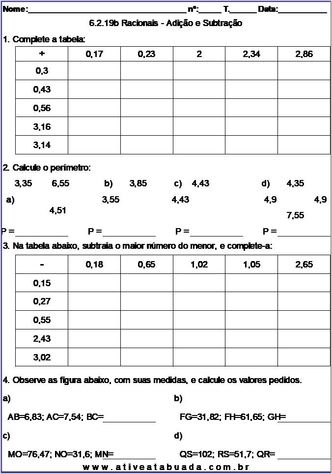 Atividade 6.2.19b Racionais - Adição e Subtração