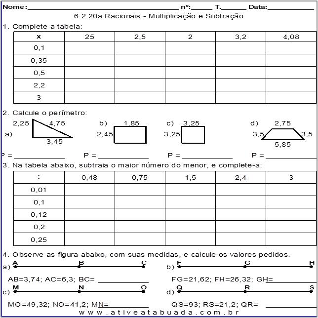 Atividade 6.2.20a Racionais - Multiplicação e Subtração