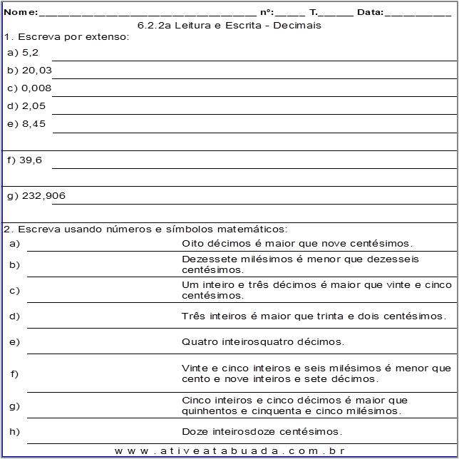 Atividade 6.2.2a Leitura e Escrita - Decimais