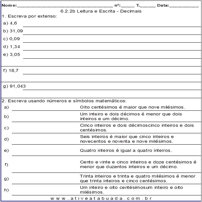 Atividade 6.2.2b Leitura e Escrita - Decimais