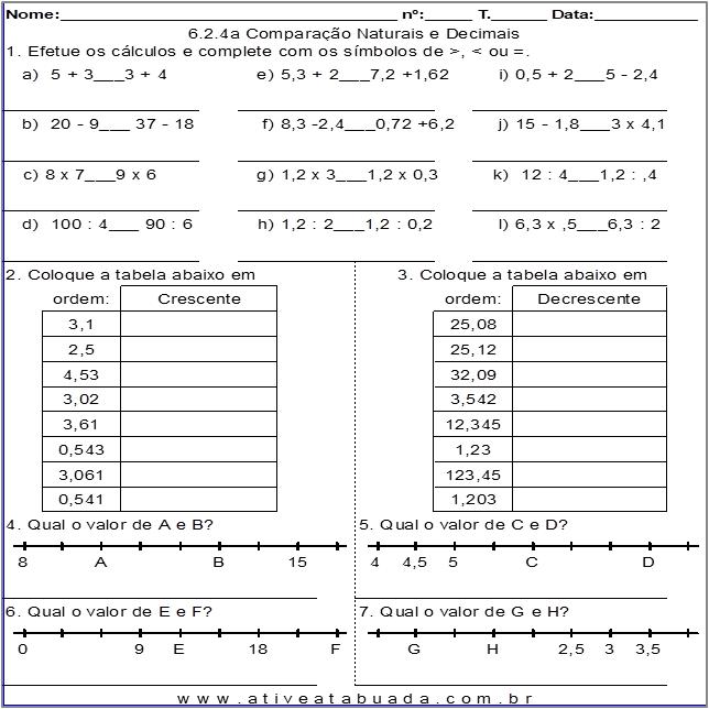 Atividade 6.2.4a Comparação Naturais e Decimais