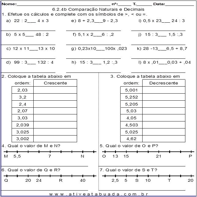 Atividade 6.2.4b Comparação Naturais e Decimais
