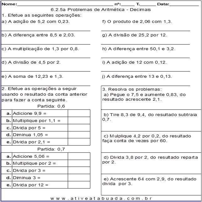 Atividade 6.2.5a Problemas de Aritmética - Decimais