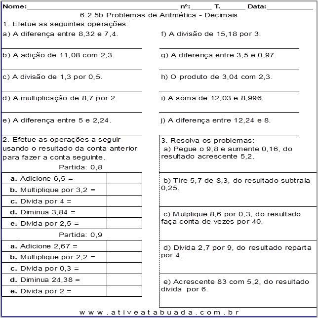 Atividade 6.2.5b Problemas de Aritmética - Decimais