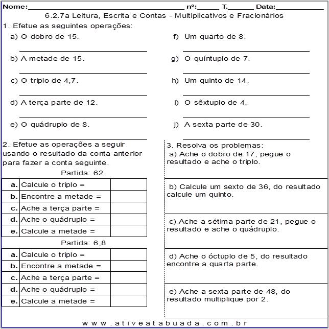 Atividade 6.2.7a Leitura, Escrita e Contas - Multiplicativos e Fracionários