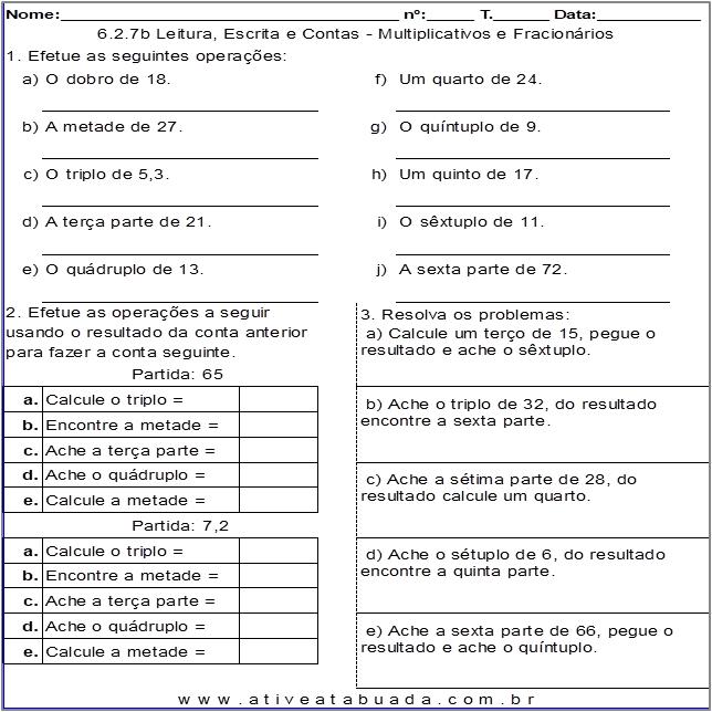 Atividade 6.2.7b Leitura, Escrita e Contas - Multiplicativos e Fracionários