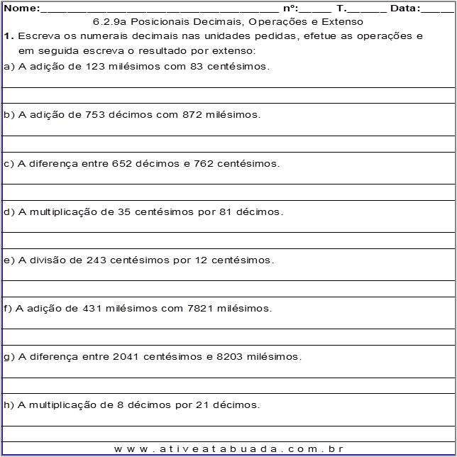 Atividade 6.2.9a Posicionais Decimais, Operações e Extenso