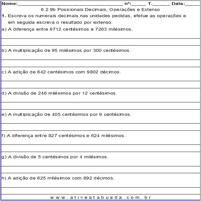 Atividade 6.2.9b Posicionais Decimais, Operações e Extenso