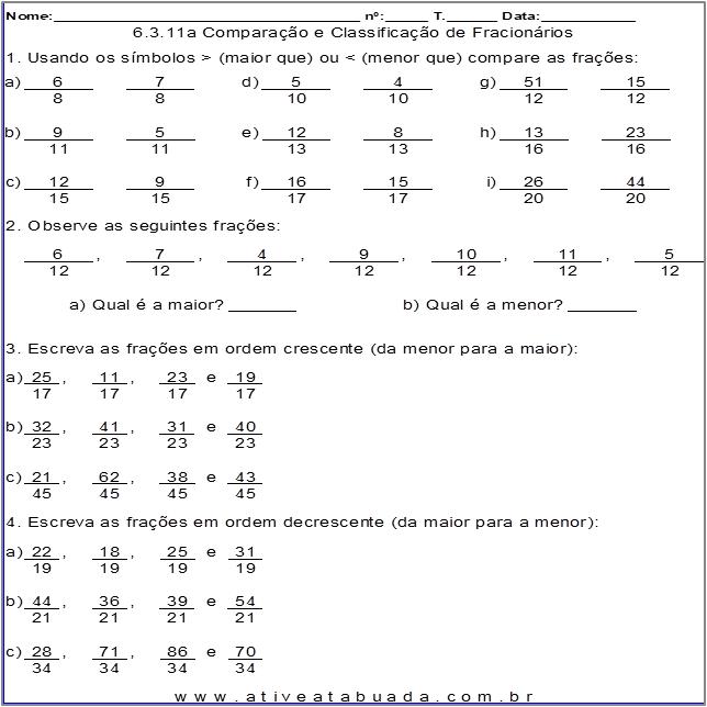 Comparando Frações com Denominadores Diferentes imprimível 1ª