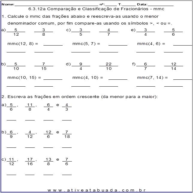 Comparando Frações com Denominadores Diferentes imprimível 1ª