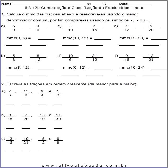 QUIZ DE MATEMÁTICA 6° ANO - Comparação de Números Fracionários