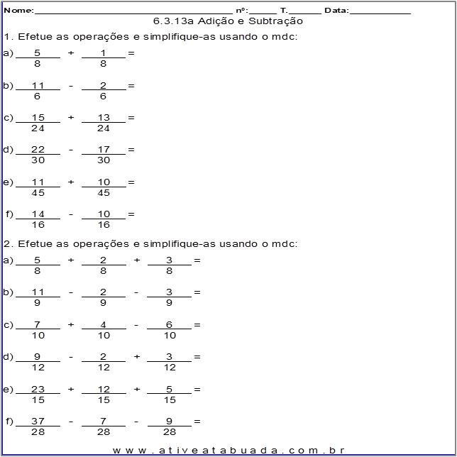 Atividade 6.3.13a Adição e Subtração