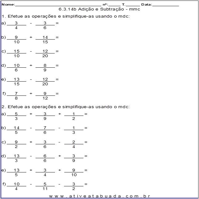 Atividade 6.3.14b Adição e Subtração - mmc