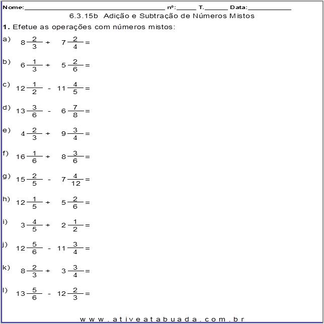 QUIZ DE MATEMÁTICA 6° ANO - Subtração de Frações 