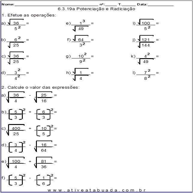 Atividade 6.3.19a Potenciação e Radiciação
