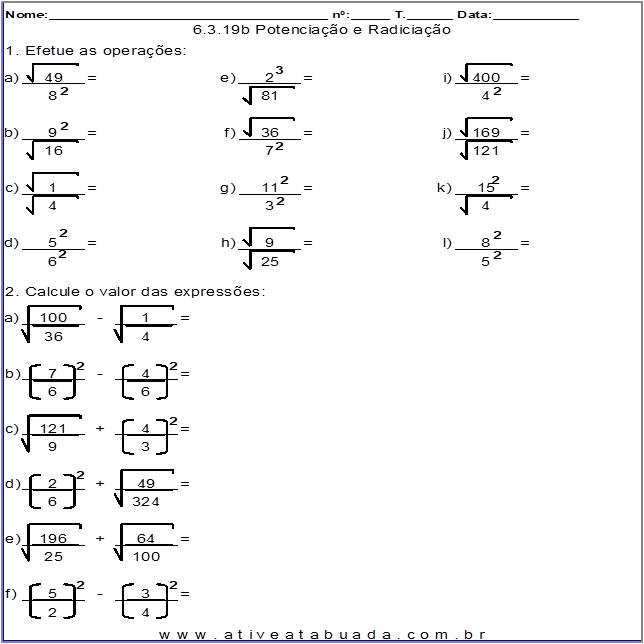 Atividade 6.3.19b Potenciação e Radiciação