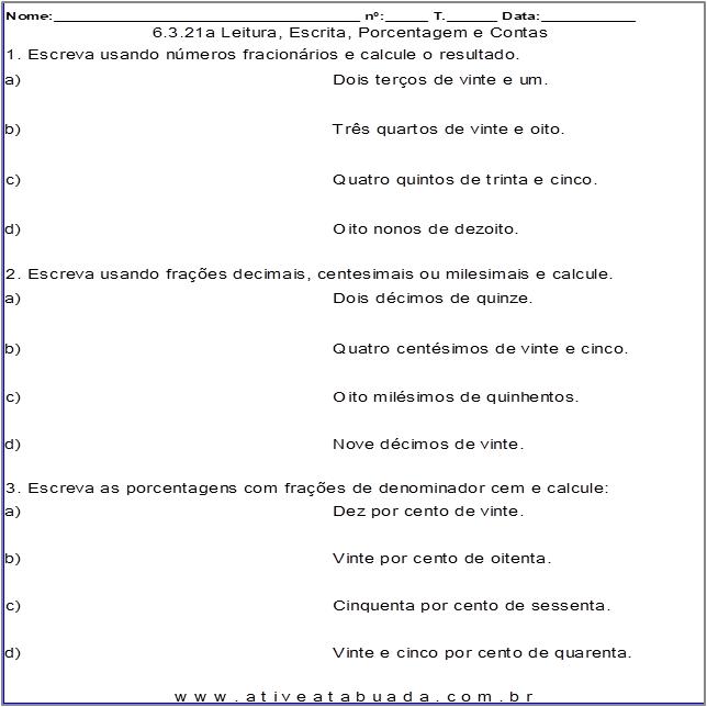 Atividade 6.3.21a Leitura, Escrita, Porcentagem e Contas 