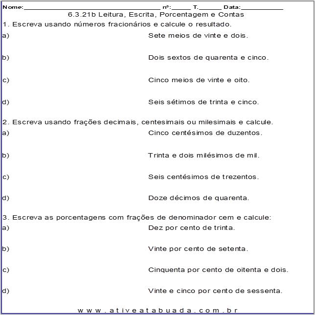 Atividade 6.3.21b Leitura, Escrita, Porcentagem e Contas 