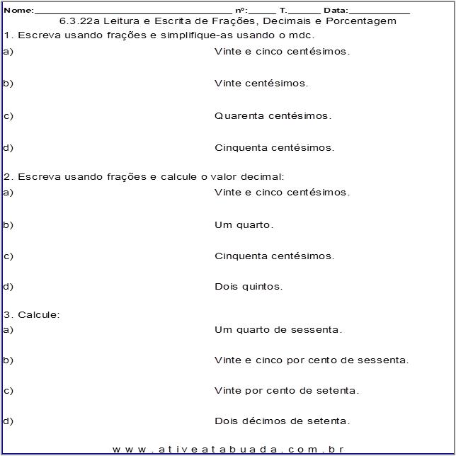 Atividade 6.3.22a Leitura e Escrita de Frações, Decimais e Porcentagem