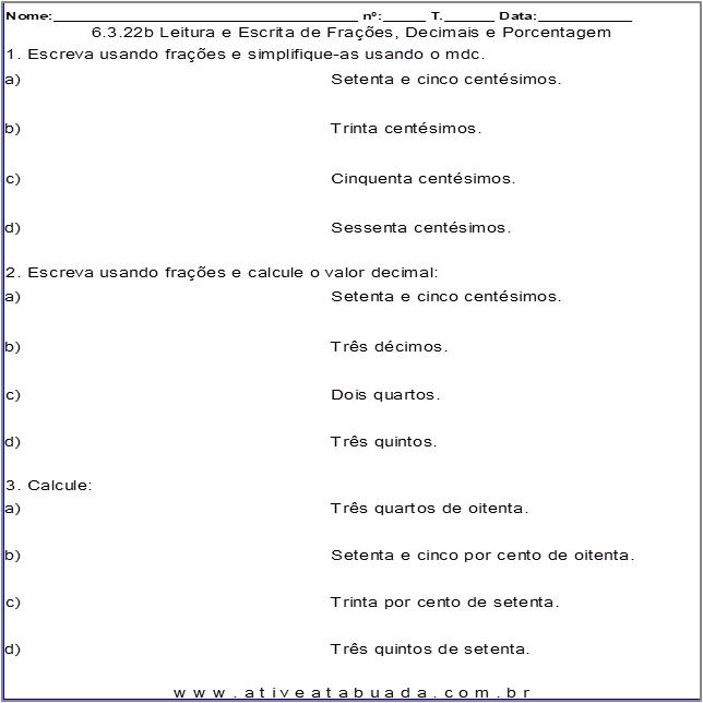 Atividade 6.3.22b Leitura e Escrita de Frações, Decimais e Porcentagem