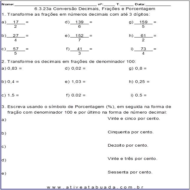 Atividade 6.3.23a Conversão Decimais, Frações e Porcentagem