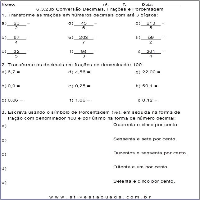 Atividade 6.3.23b Conversão Decimais, Frações e Porcentagem