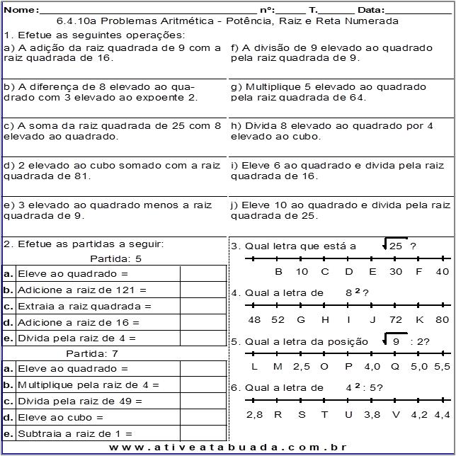 Atividade 6.4.10a Problemas Aritmética - Potência, Raiz e Reta Numerada