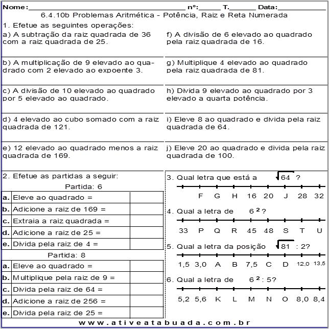 Atividade 6.4.10b Problemas Aritmética - Potência, Raiz e Reta Numerada