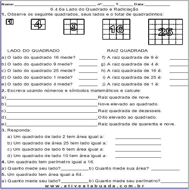 Atividade 6.4.6a Lado do Quadrado e Radiciação