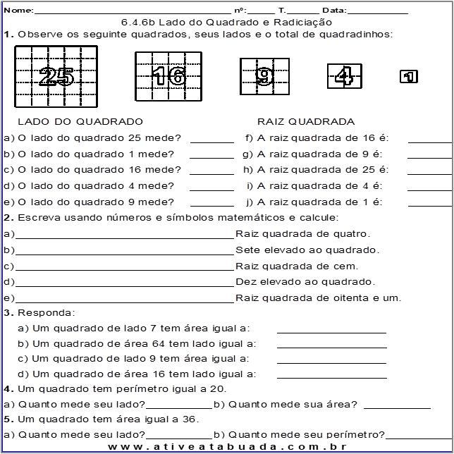 Atividade 6.4.6b Lado do Quadrado e Radiciação