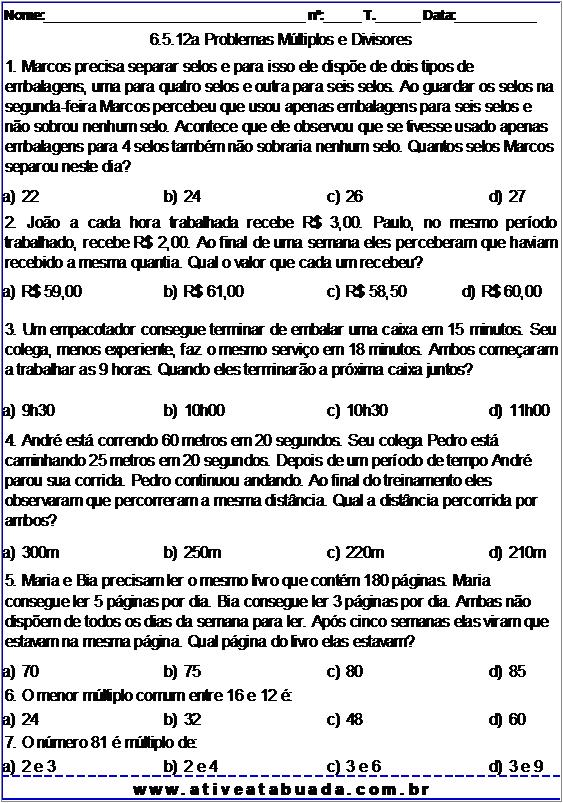 Atividade 6.5.12a Problemas Múltiplos e Divisores