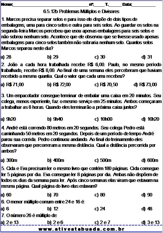 Atividade 6.5.12b Problemas Múltiplos e Divisores