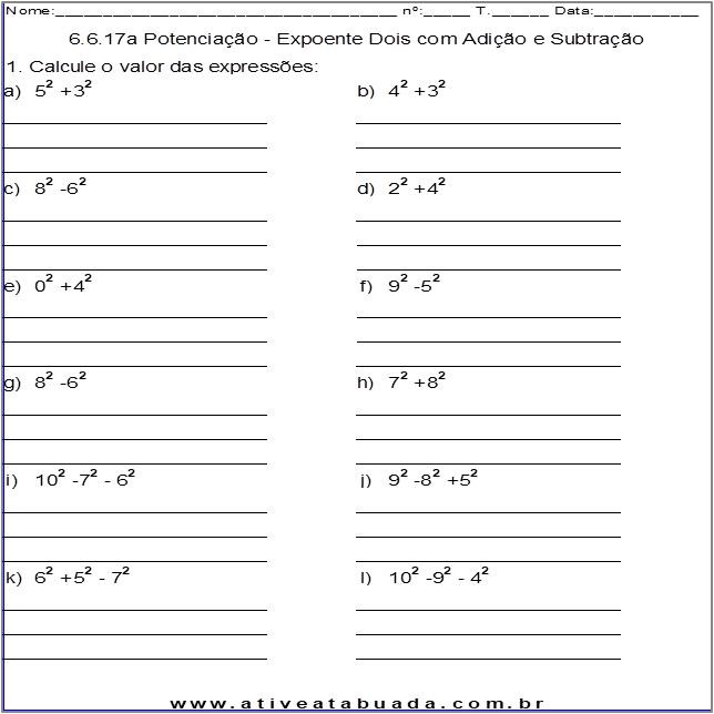 Atividade 6.6.17a Potenciação - Expoente Dois com Adição e Subtração