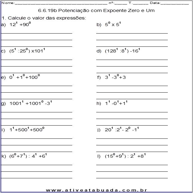 Atividade 6.6.19b Potenciação com Expoente Zero e Um